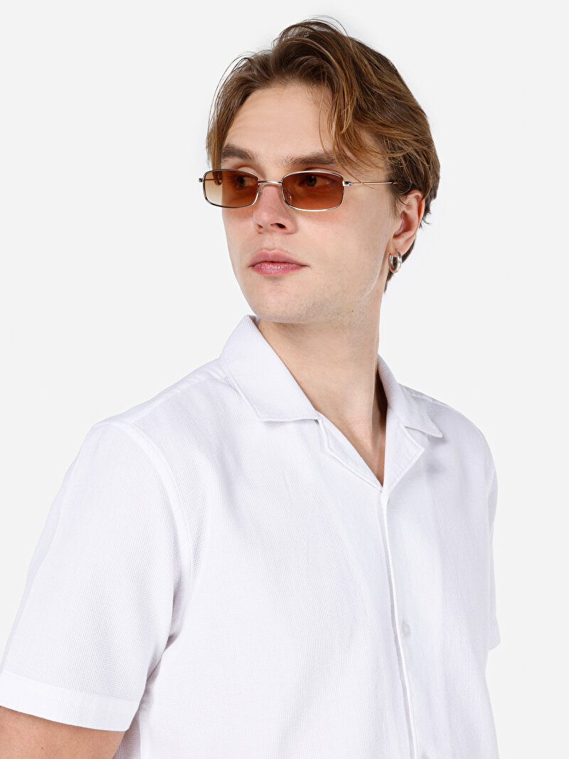 Regular Fit Shirt Neck Düz Erkek Beyaz Kısa Kol Gömlek