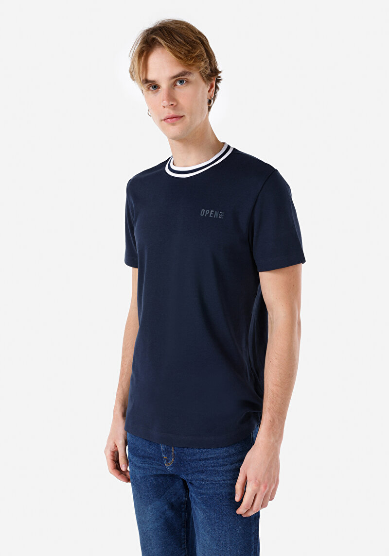 Regular Fit Yuvarlak Yaka Düz Erkek Lacivert Kısa Kol Tişört