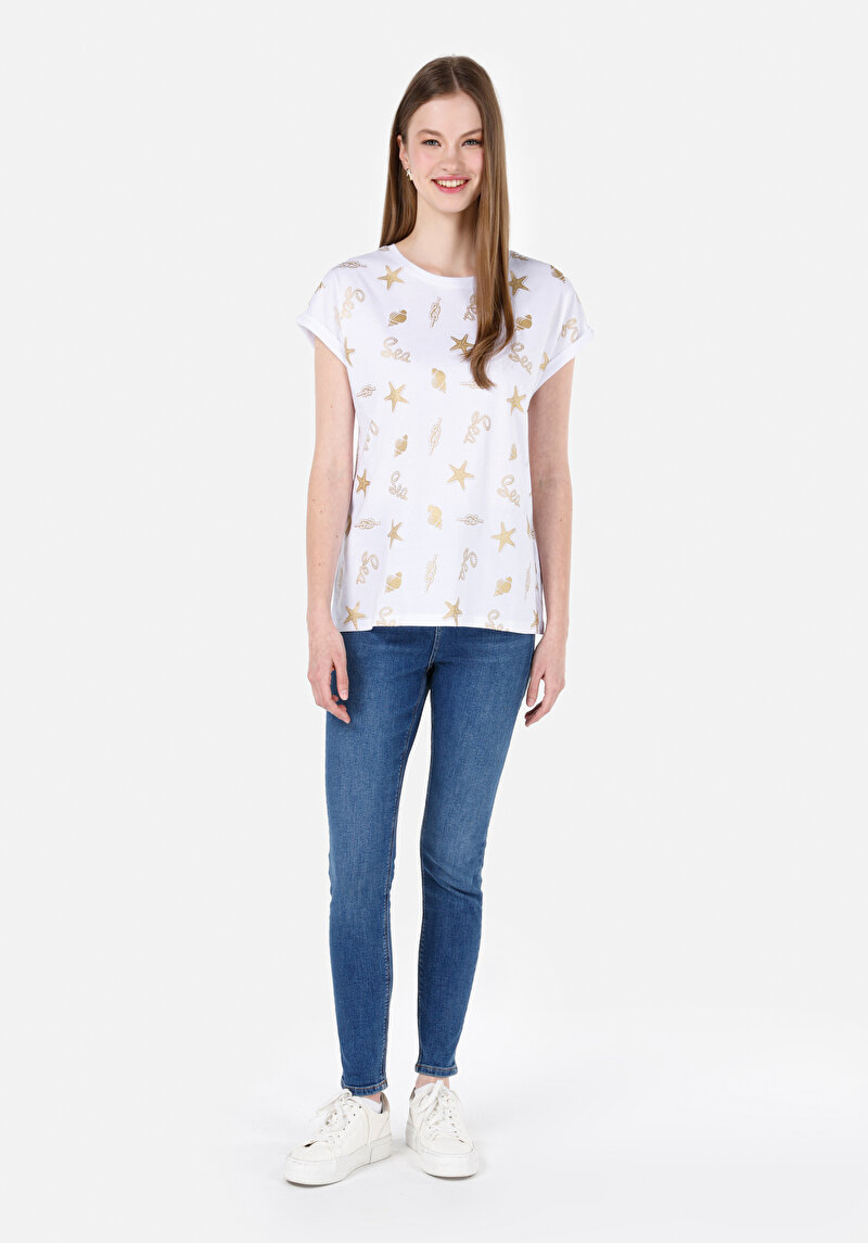 Regular Fit Yuvarlak Yaka Baskılı Kadın Beyaz Kısa Kol Tişört
