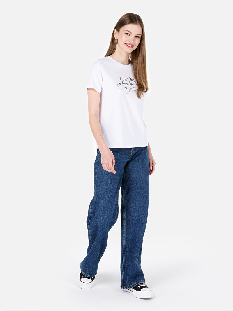 Regular Fit Yuvarlak Yaka Baskılı Kadın Beyaz Kısa Kol Tişört