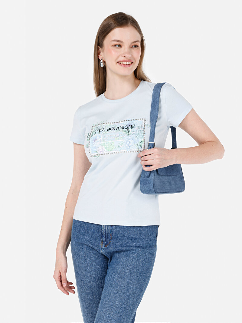 Slim Fit Yuvarlak Yaka Kadın Mavi Kısa Kol Tişört