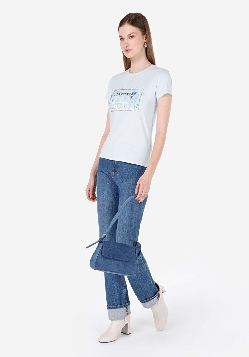 Slim Fit Yuvarlak Yaka Kadın Mavi Kısa Kol Tişört