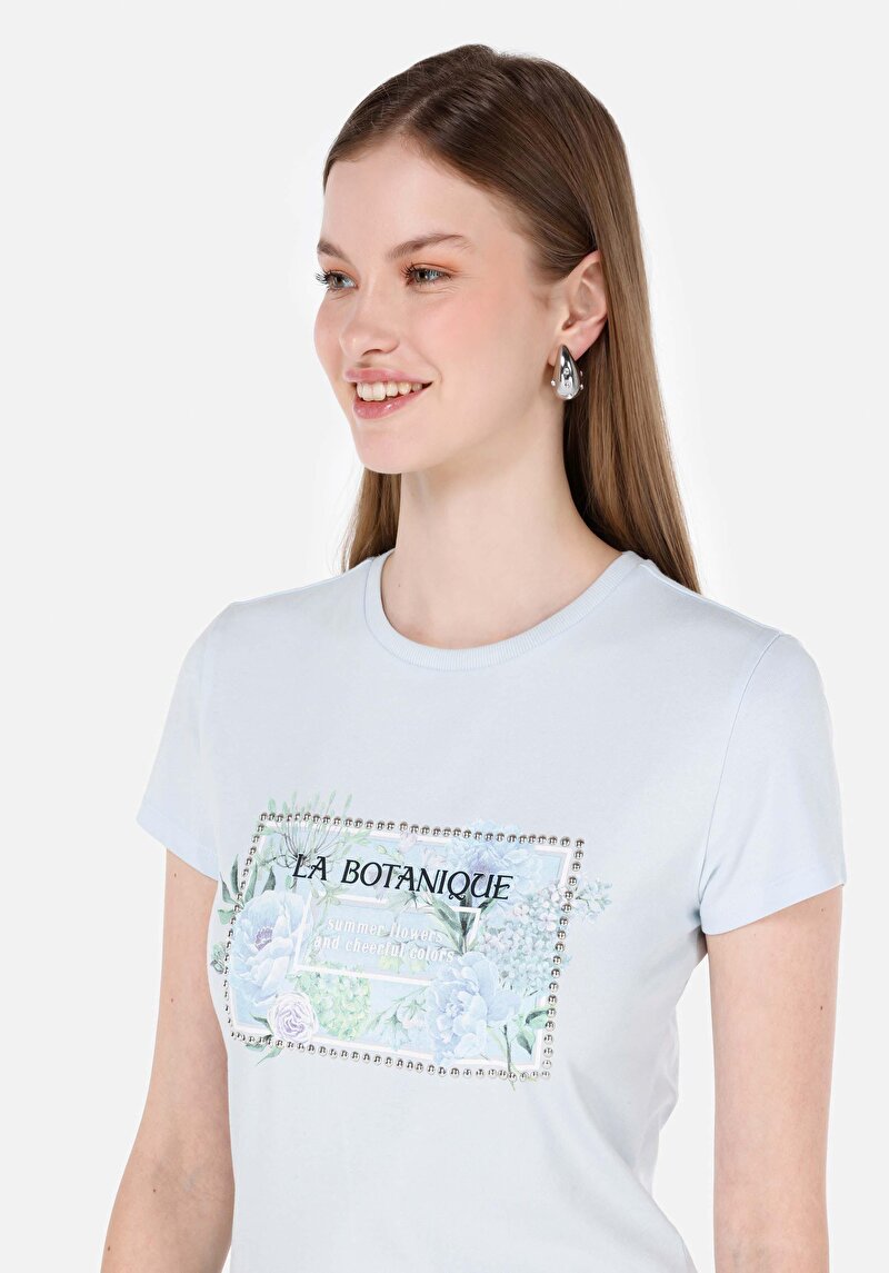 Slim Fit Yuvarlak Yaka Kadın Mavi Kısa Kol Tişört