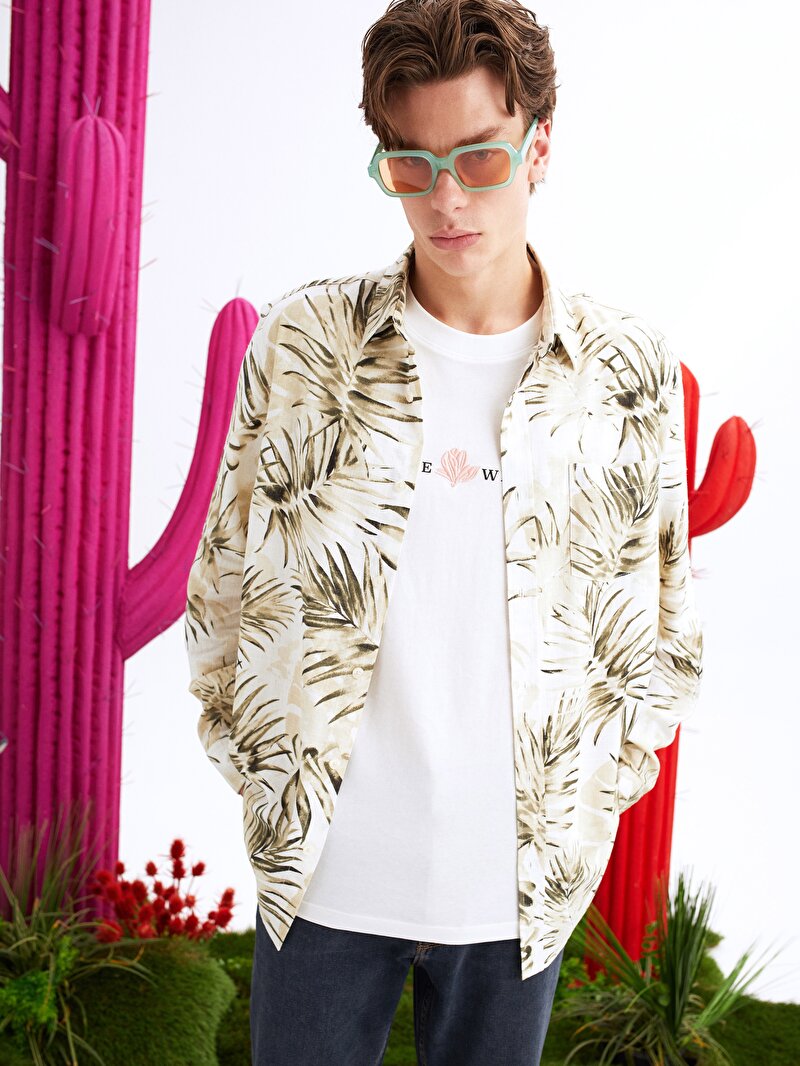 Regular Fit Shirt Neck Baskılı Erkek Bej Uzun Kol Gömlek