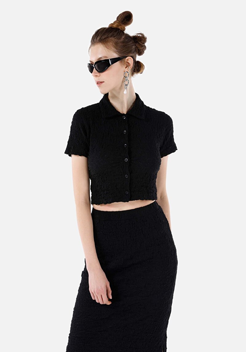 Slim Fit Shirt Neck Kadın Siyah Kısa Kol Tişört