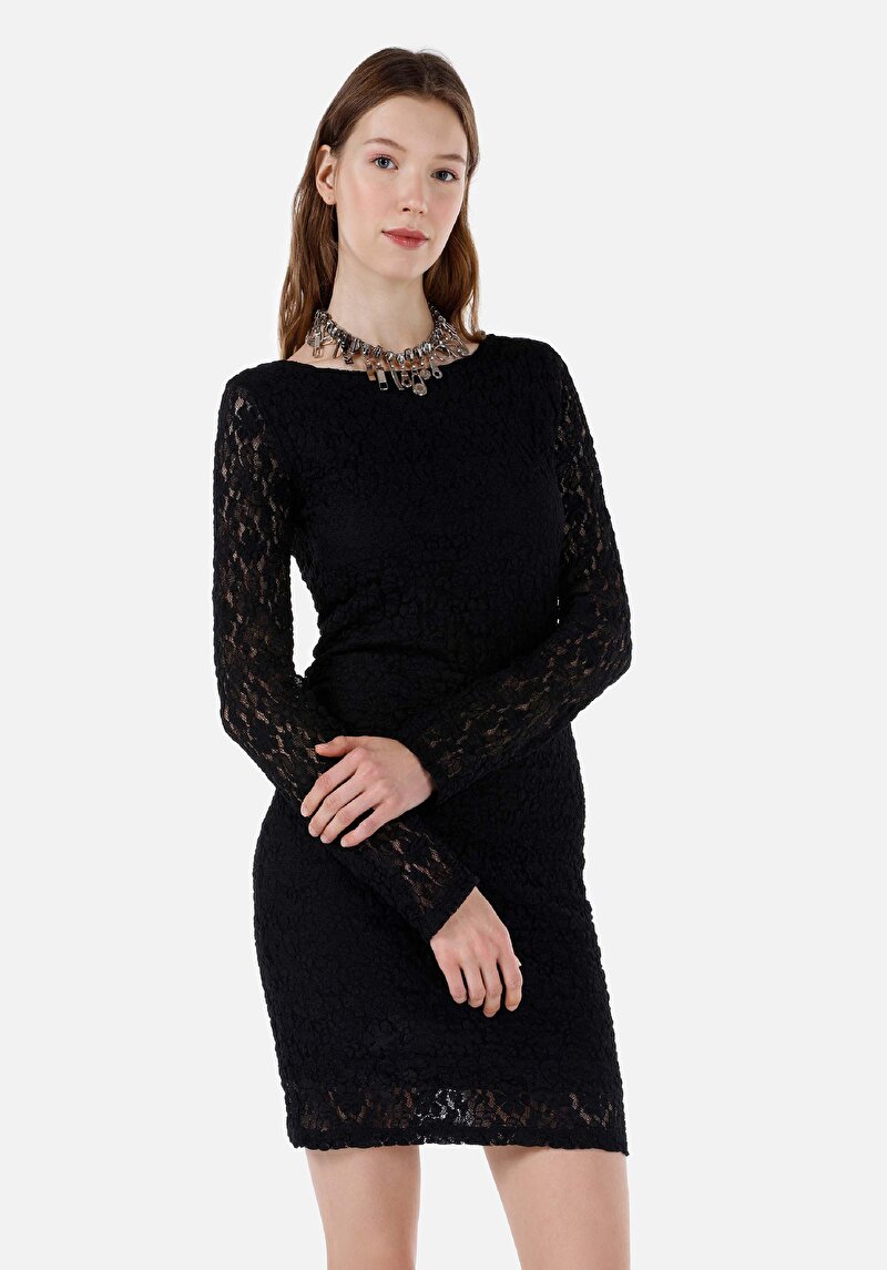 Slim Fit Kadın Siyah Uzun Kol Elbise