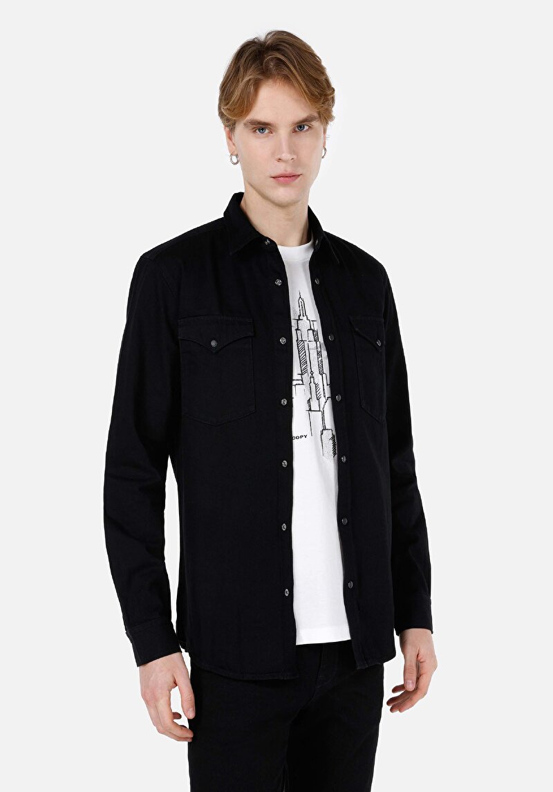 Regular Fit Klasik Yaka Pamuklu Erkek Mavi Uzun Kol Gömlek