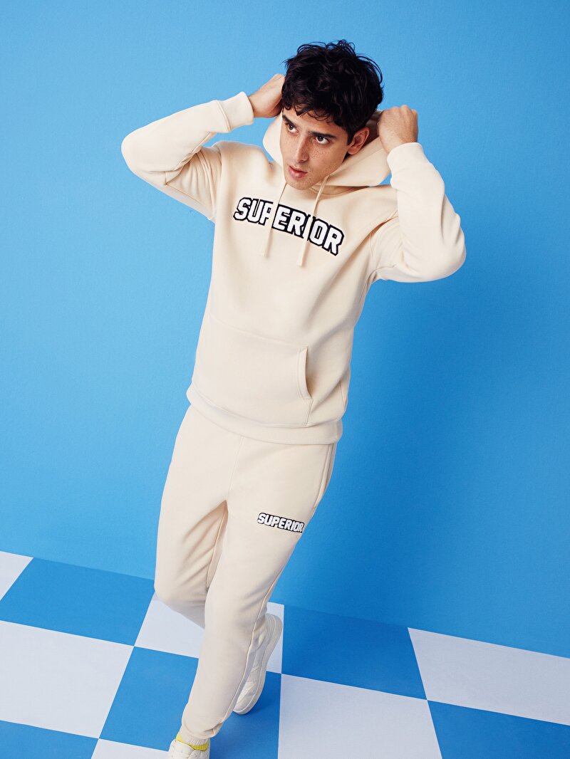 Regular Fit Erkek Bej Yazı Baskılı Sweatshirt