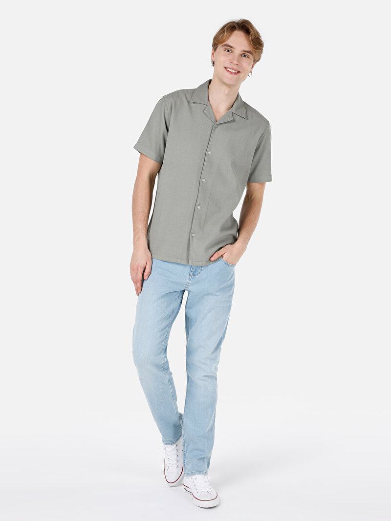 Regular Fit Shirt Neck Düz Erkek Yeşil Kısa Kol Gömlek