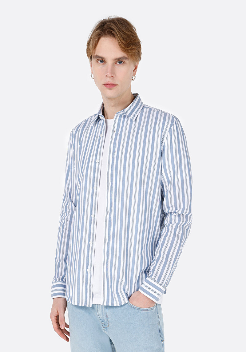 Slim Fit Shirt Neck Çizgili Erkek Mavi Uzun Kol Gömlek