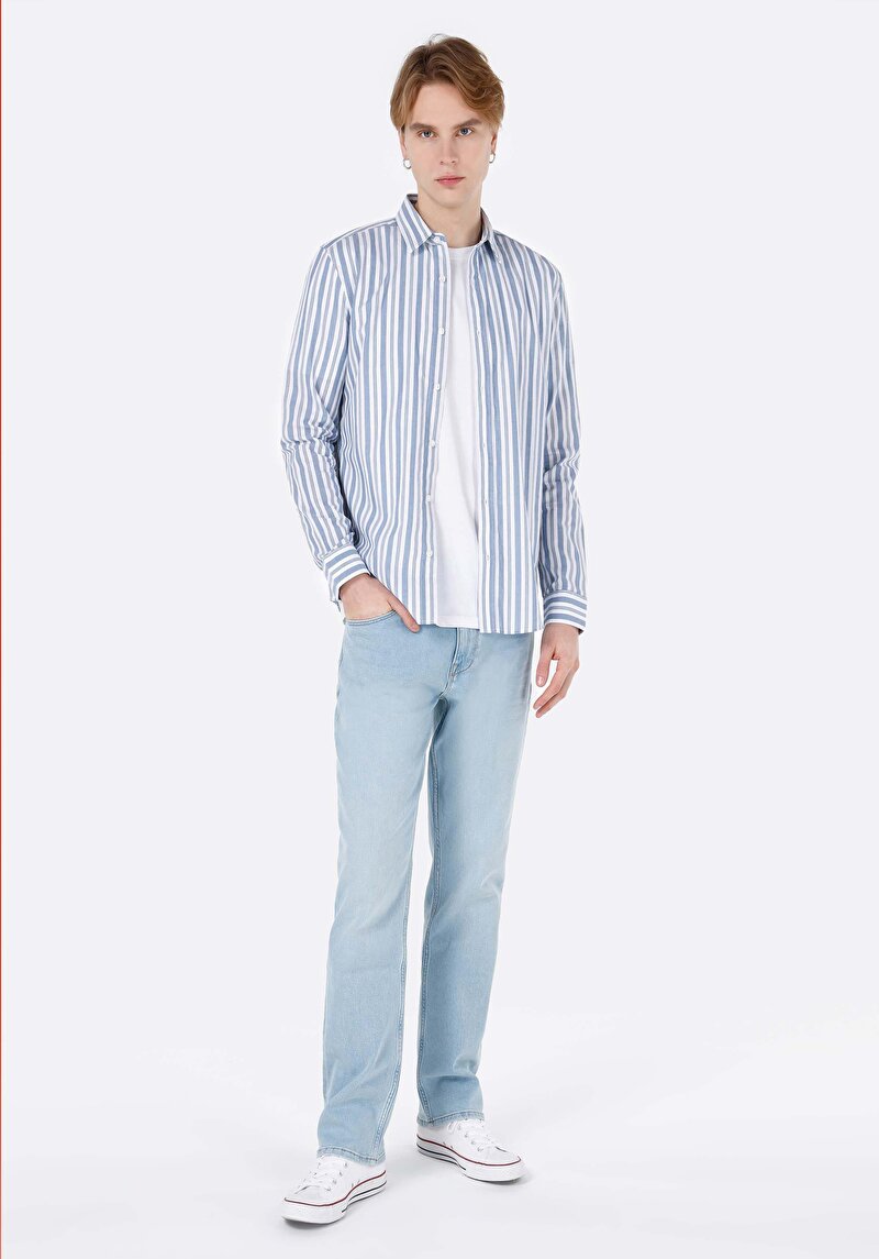 Slim Fit Shirt Neck Çizgili Erkek Mavi Uzun Kol Gömlek