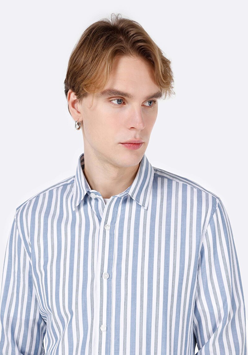 Slim Fit Shirt Neck Çizgili Erkek Mavi Uzun Kol Gömlek
