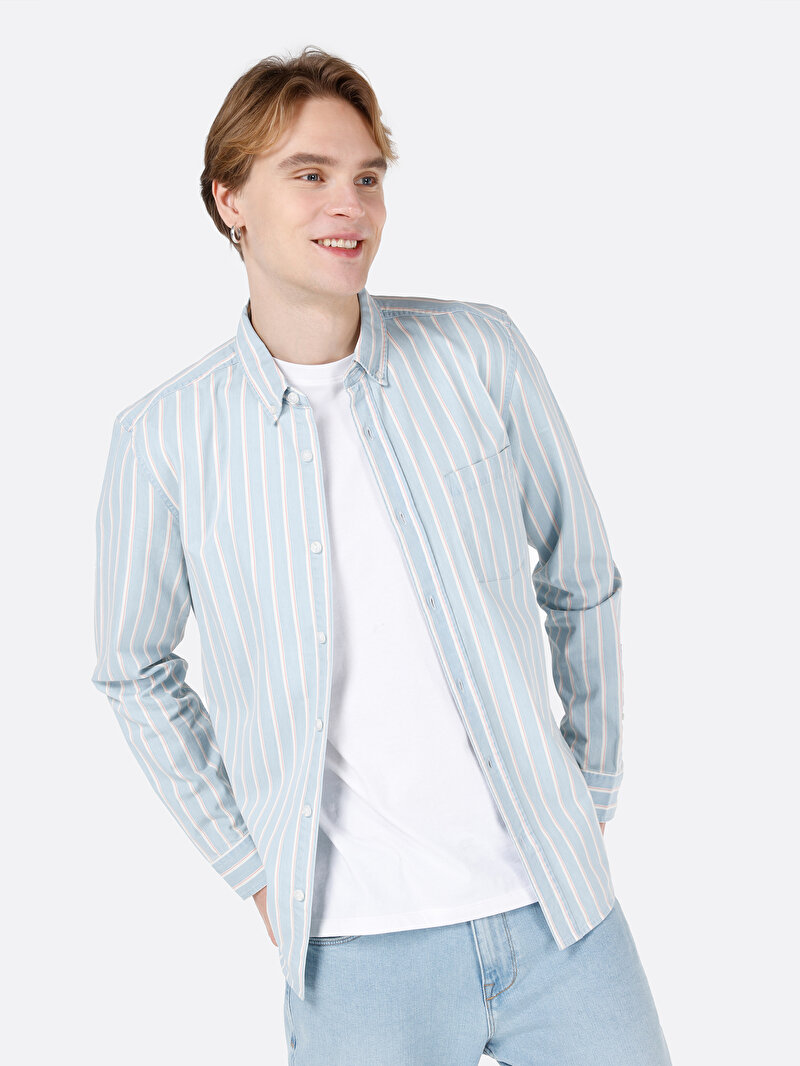 Slim Fit Shirt Neck Çizgili Erkek Mavi Uzun Kol Gömlek