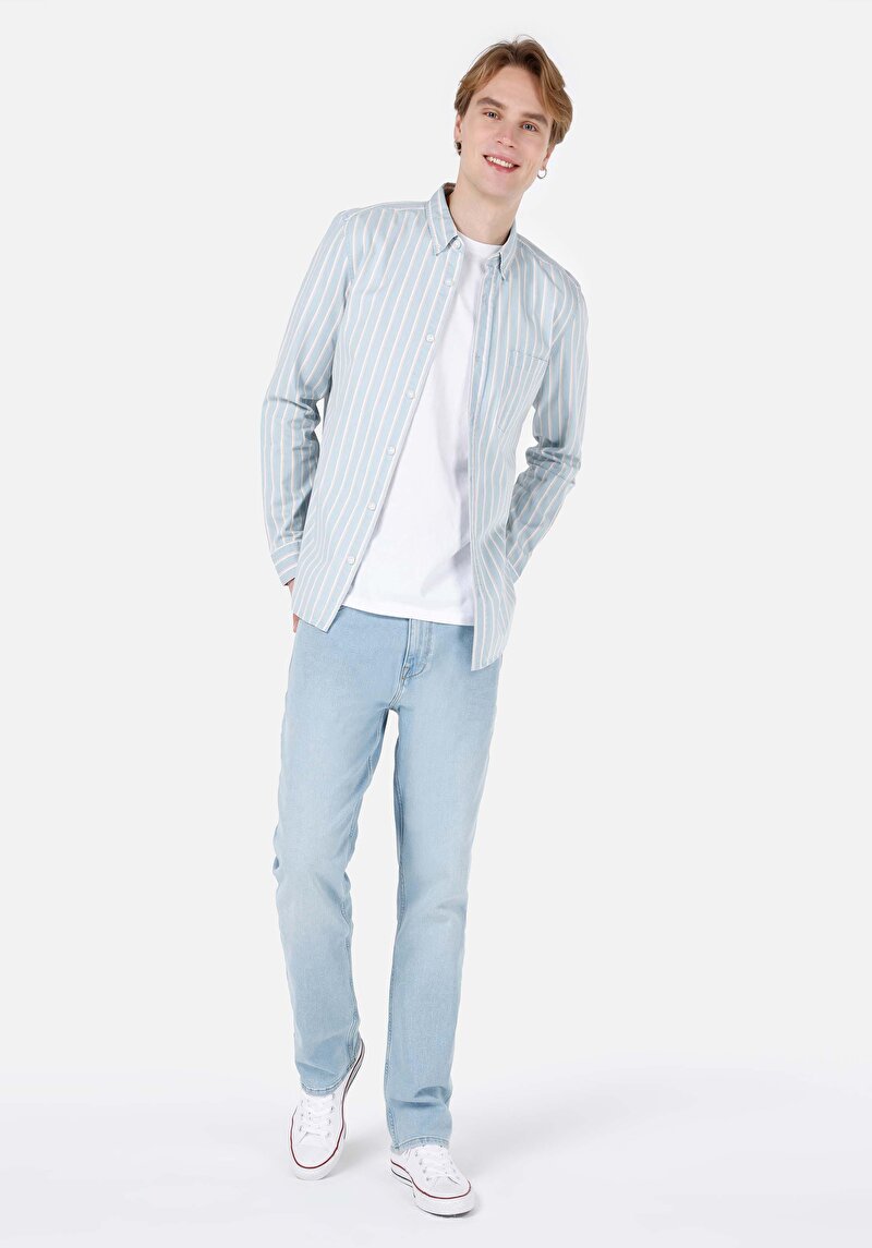 Slim Fit Shirt Neck Çizgili Erkek Mavi Uzun Kol Gömlek