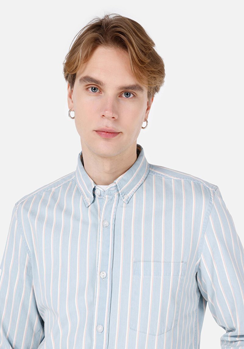 Slim Fit Shirt Neck Çizgili Erkek Mavi Uzun Kol Gömlek