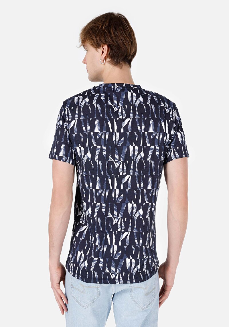 Regular Fit Yuvarlak Yaka Örme Baskılı Erkek Lacivert Kısa Kol Tişört