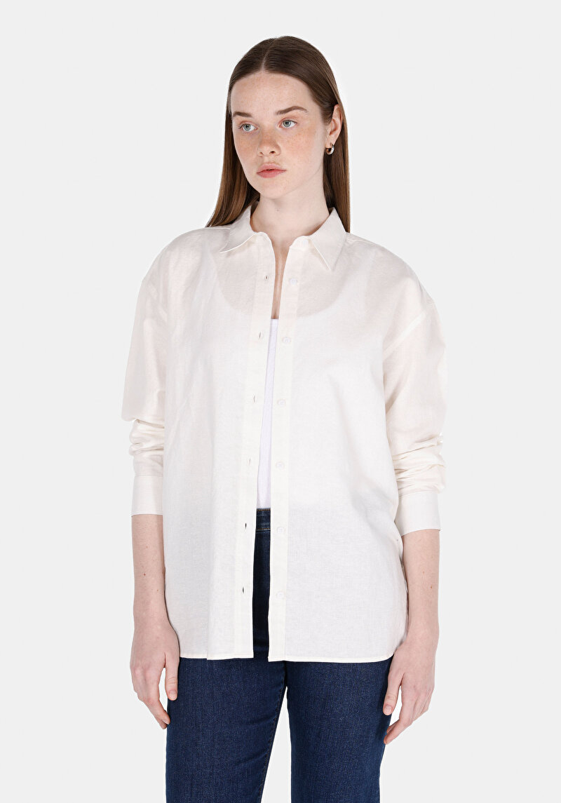 Relax Fit Cepsiz Shirt Neck Düz Kadın Beyaz Uzun Kol Gömlek