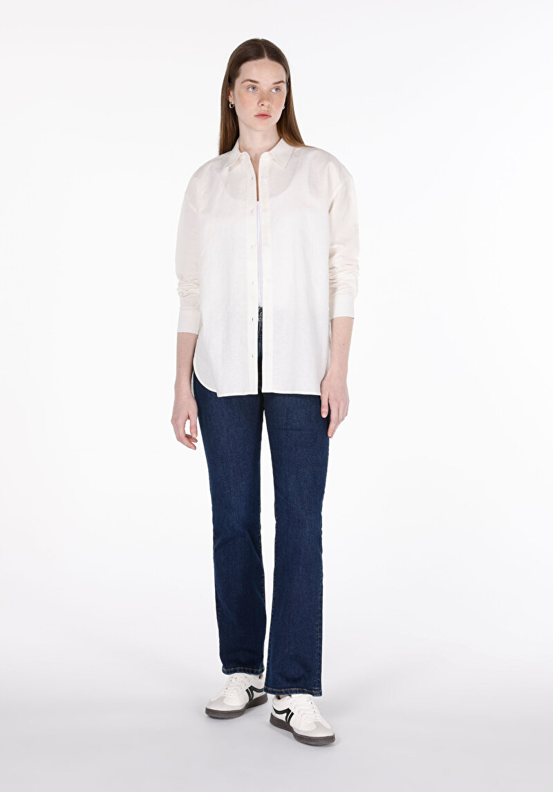 Relax Fit Cepsiz Shirt Neck Düz Kadın Beyaz Uzun Kol Gömlek