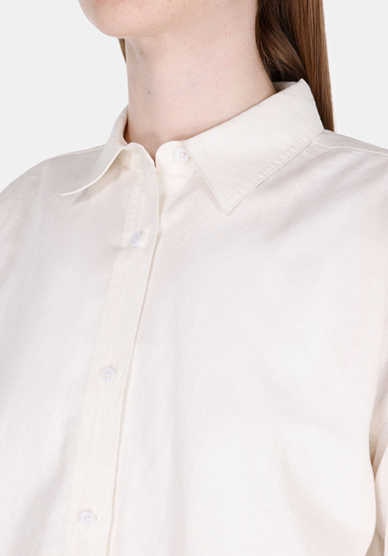 Relax Fit Cepsiz Shirt Neck Düz Kadın Beyaz Uzun Kol Gömlek