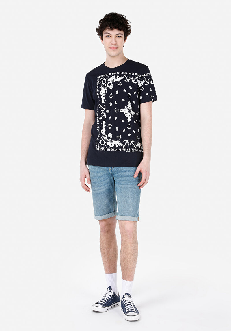 Regular Fit Yuvarlak Yaka Düz Erkek Lacivert Kısa Kol Tişört