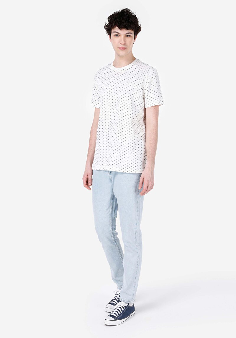 Regular Fit Yuvarlak Yaka Baskılı Erkek Beyaz Kısa Kol Tişört