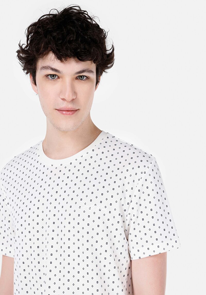 Regular Fit Yuvarlak Yaka Baskılı Erkek Beyaz Kısa Kol Tişört