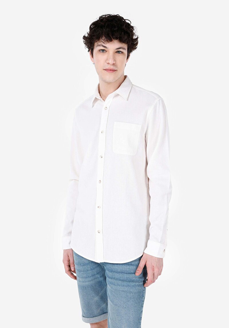 Comfort Fit Shirt Neck Düz Erkek Beyaz Uzun Kol Gömlek