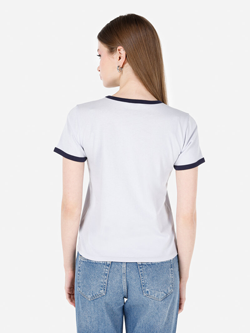 Regular Fit Yuvarlak Yaka Baskılı Kadın Mavi Kısa Kol Tişört