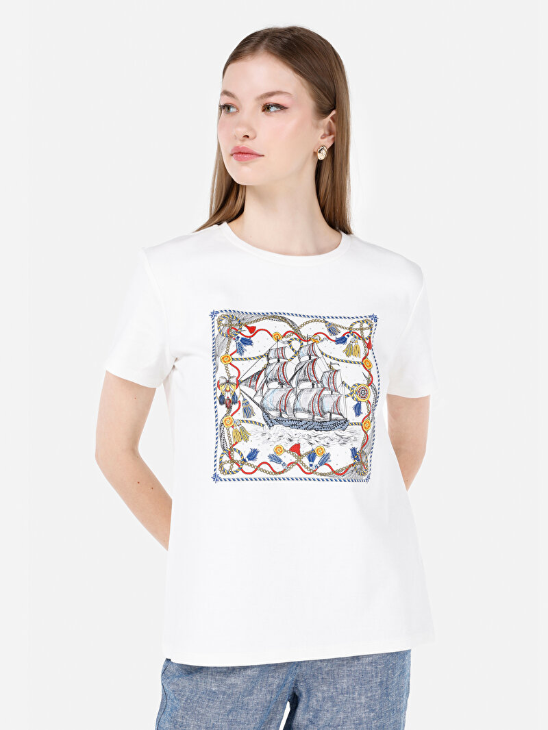 Regular Fit Yuvarlak Yaka Baskılı Kadın Beyaz Kısa Kol Tişört