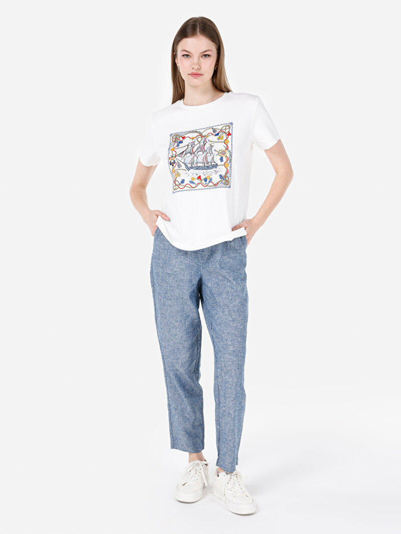 Regular Fit Yuvarlak Yaka Baskılı Kadın Beyaz Kısa Kol Tişört