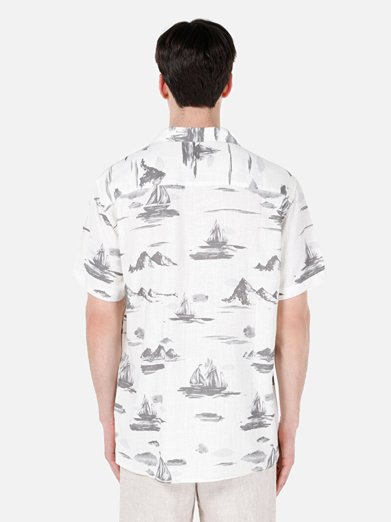 Regular Fit Shirt Neck Baskılı Erkek Beyaz Kısa Kol Gömlek