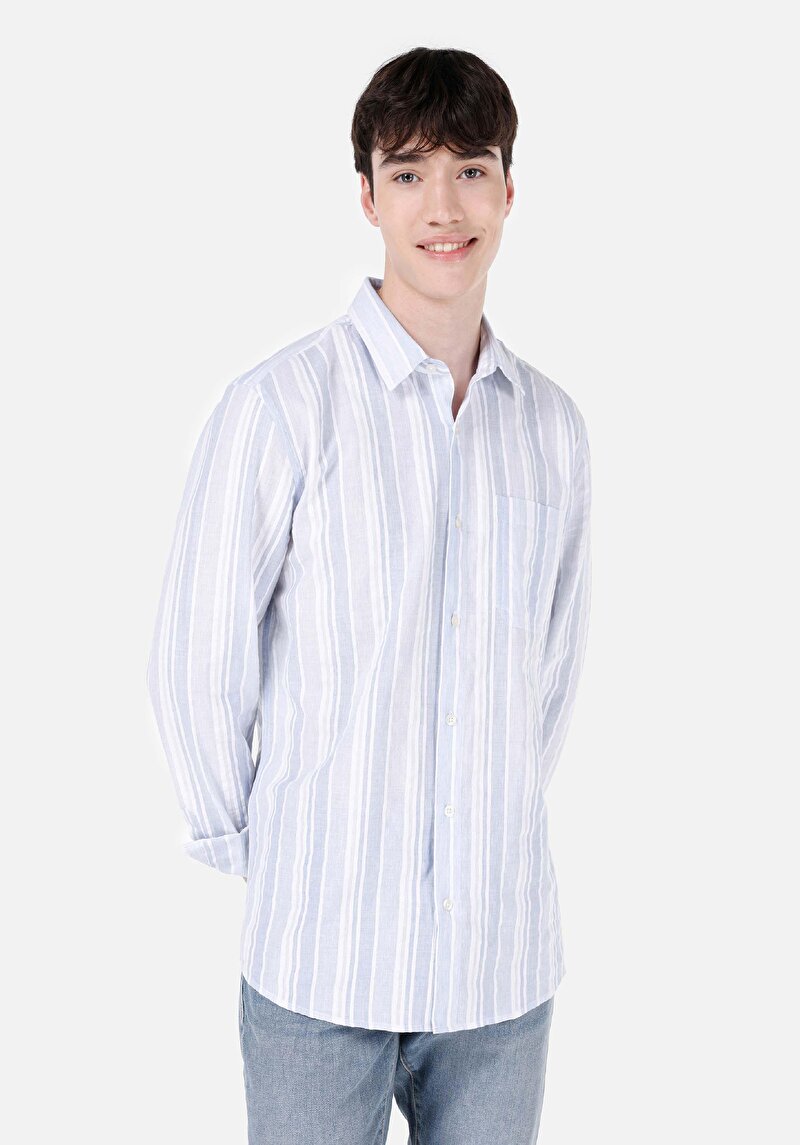 Regular Fit Shirt Neck Çizgili Erkek Mavi Uzun Kol Gömlek