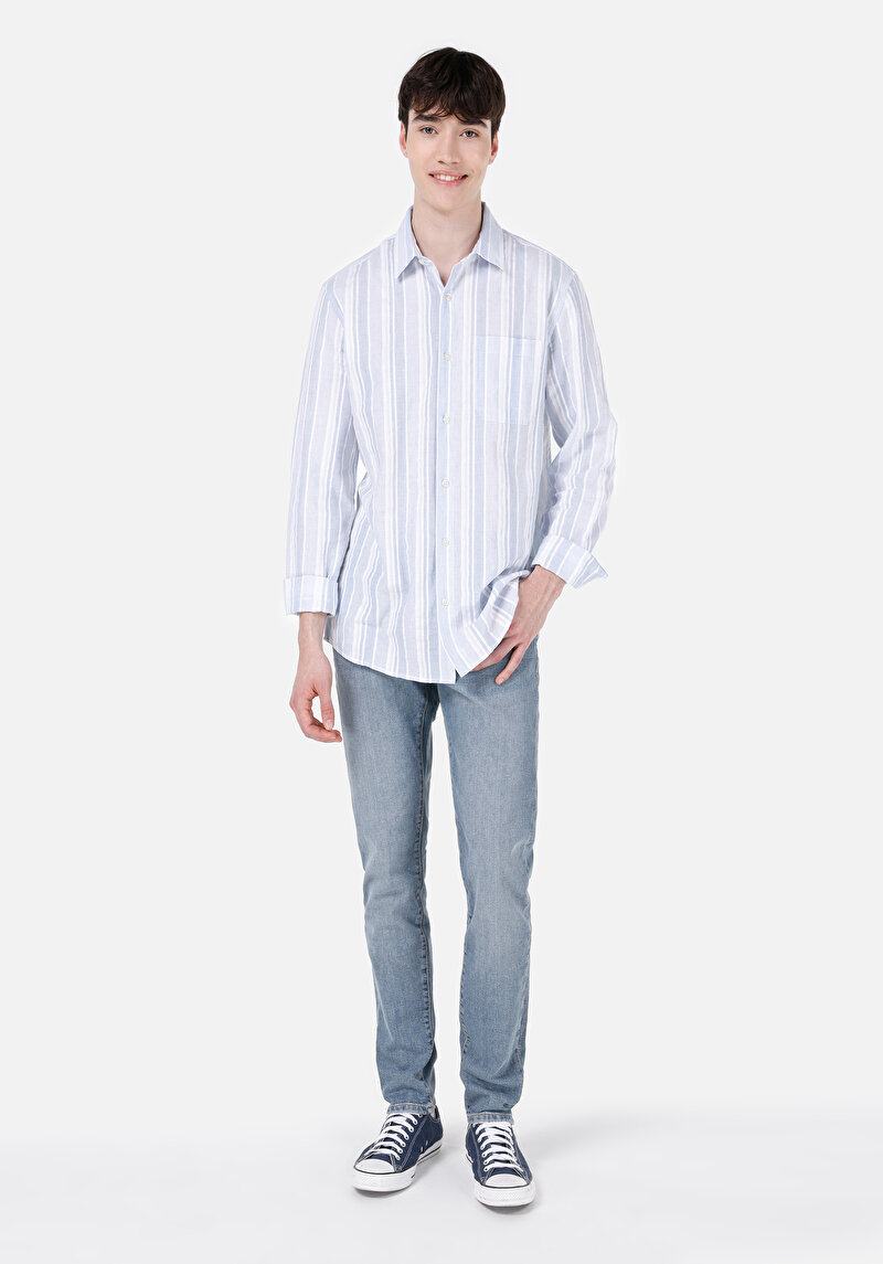Regular Fit Shirt Neck Çizgili Erkek Mavi Uzun Kol Gömlek