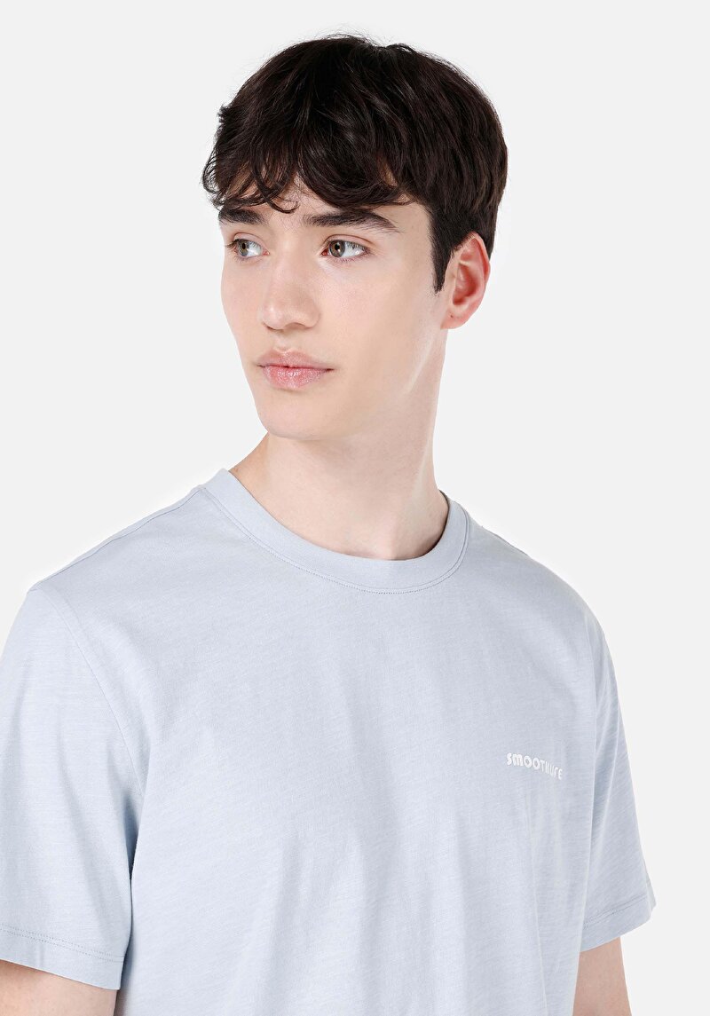 Regular Fit Örme Yuvarlak Yaka Düz Cepsiz Erkek Mavi Kısa Kol Tişört