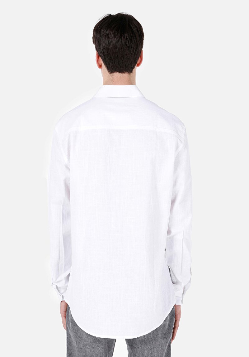 Regular Fit Shirt Neck Düz Erkek Beyaz Uzun Kol Gömlek