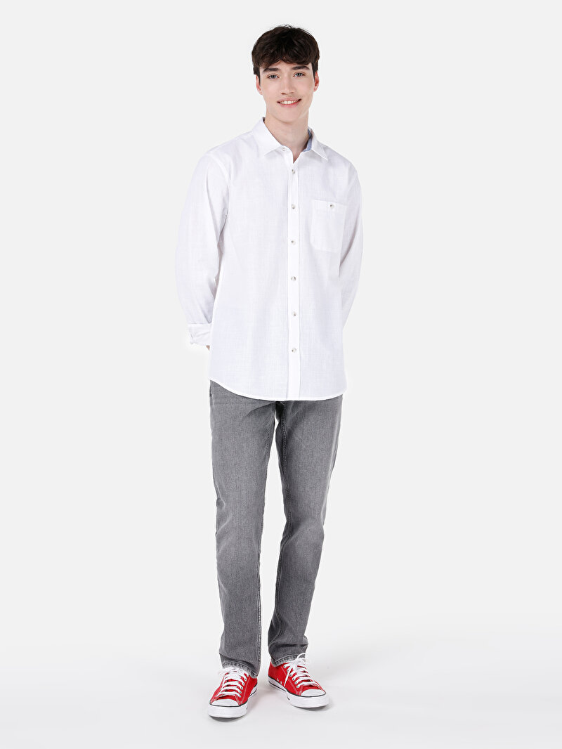 Regular Fit Shirt Neck Düz Erkek Beyaz Uzun Kol Gömlek
