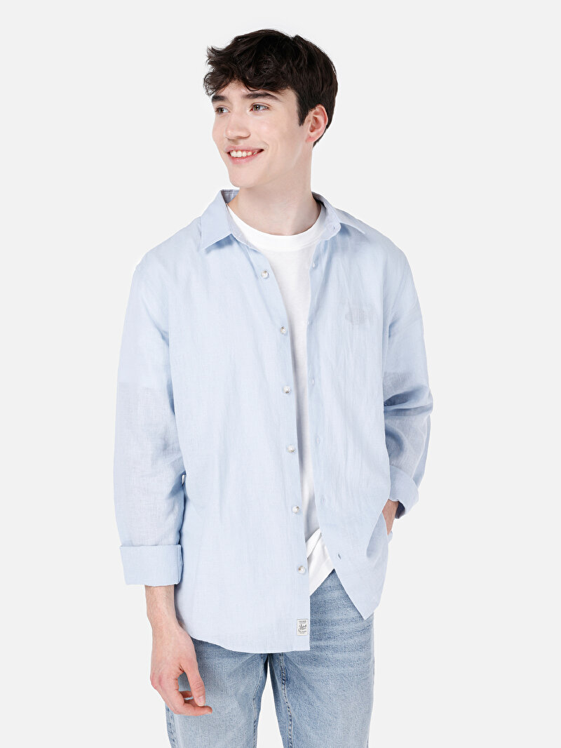 Comfort Fit Shirt Neck Düz Erkek Mavi Cepsiz Uzun Kol Gömlek