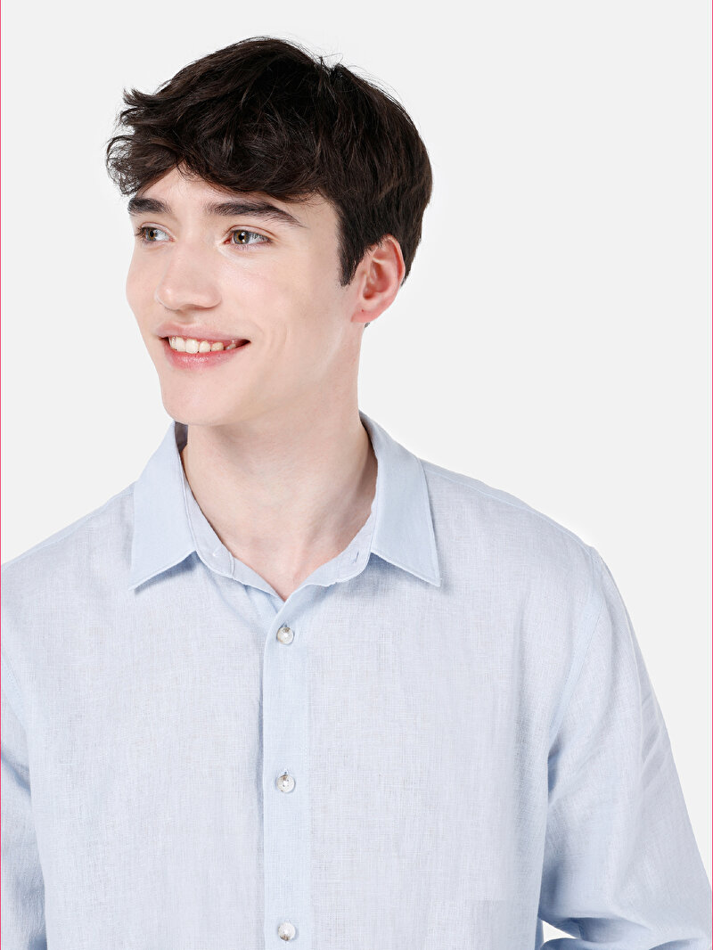 Comfort Fit Shirt Neck Düz Erkek Mavi Cepsiz Uzun Kol Gömlek