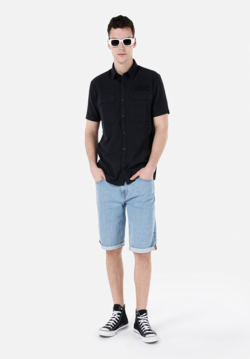 Regular Fit Shirt Neck Düz Erkek Siyah Kısa Kol Gömlek