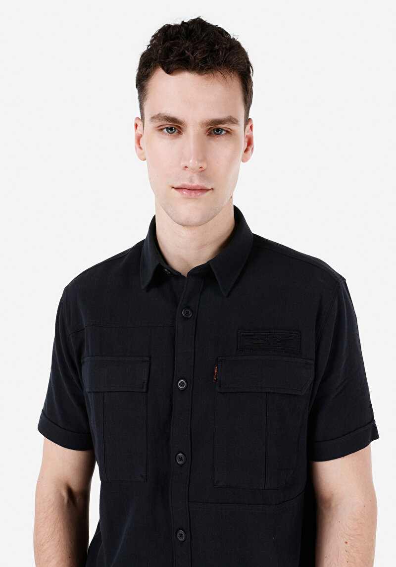 Regular Fit Shirt Neck Düz Erkek Siyah Kısa Kol Gömlek