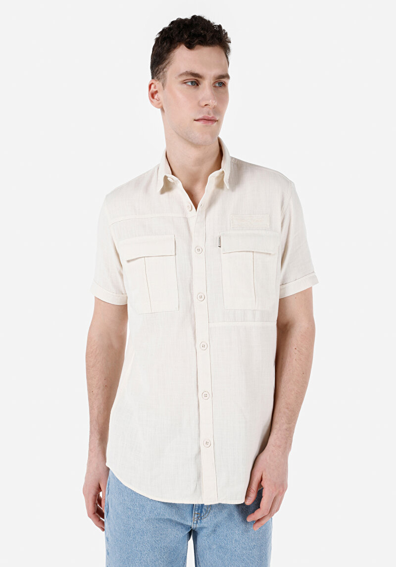 Regular Fit Shirt Neck Düz Erkek Ekru Kısa Kol Gömlek