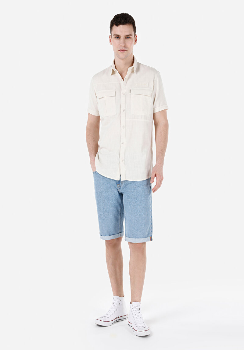 Regular Fit Shirt Neck Düz Erkek Ekru Kısa Kol Gömlek