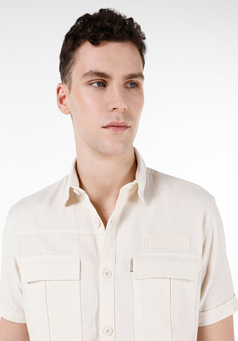Regular Fit Shirt Neck Düz Erkek Ekru Kısa Kol Gömlek