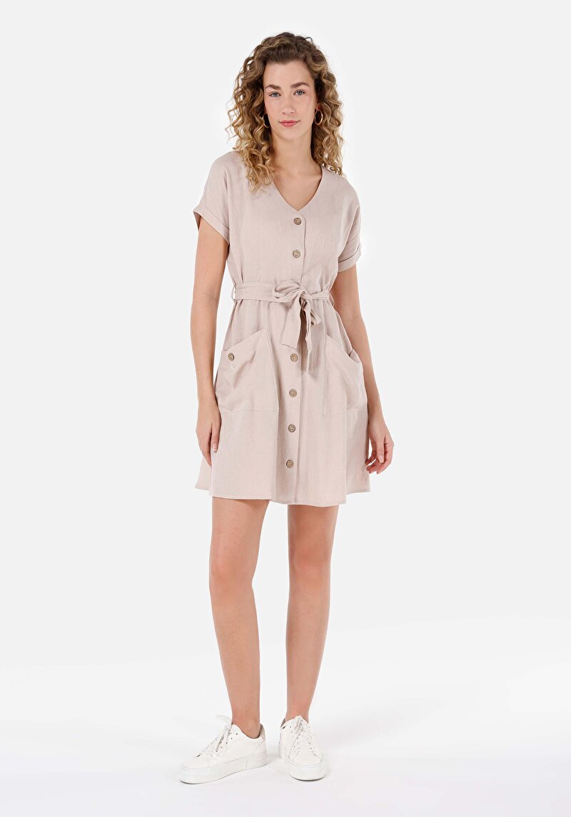 Regular Fit Dokuma Kadın Bej Elbise