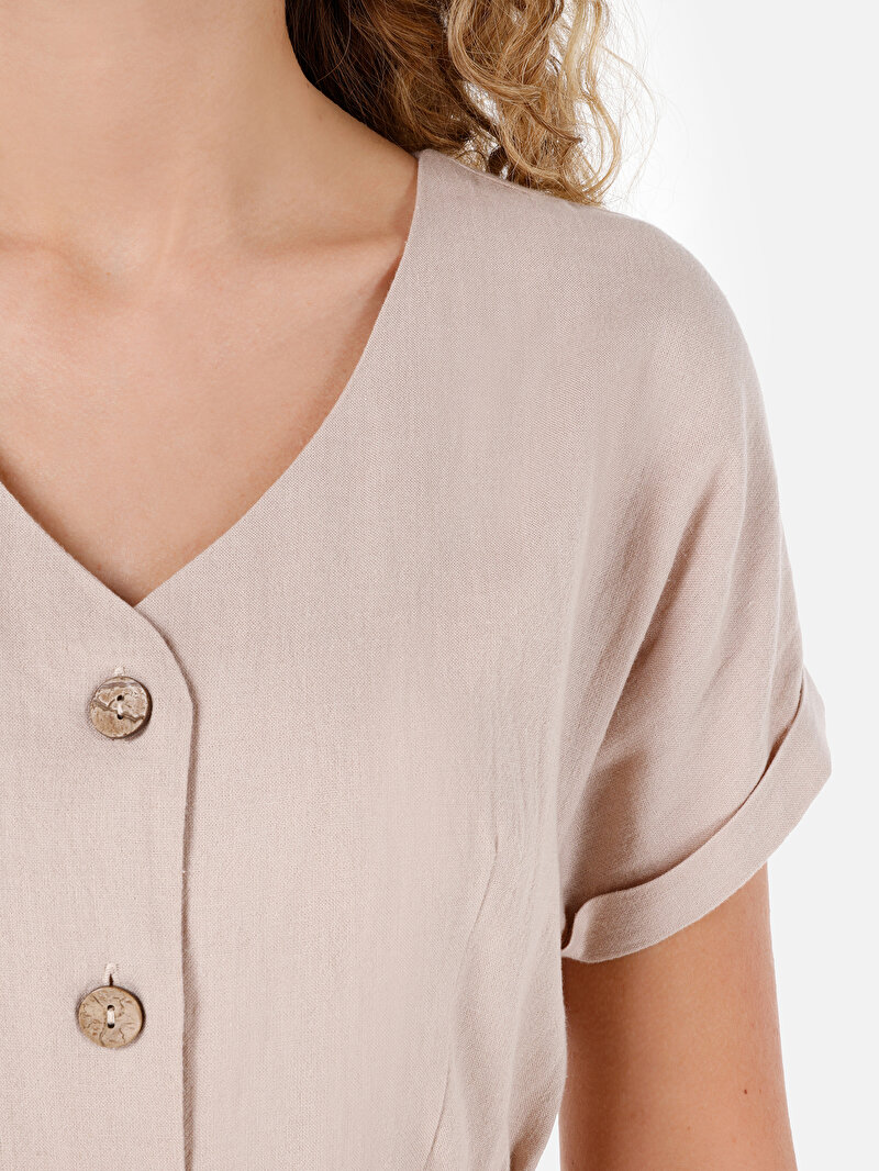 Regular Fit Dokuma Kadın Bej Elbise