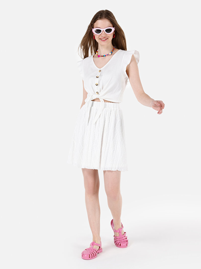 Regular Fit Jakarlı Kadın Beyaz Etek