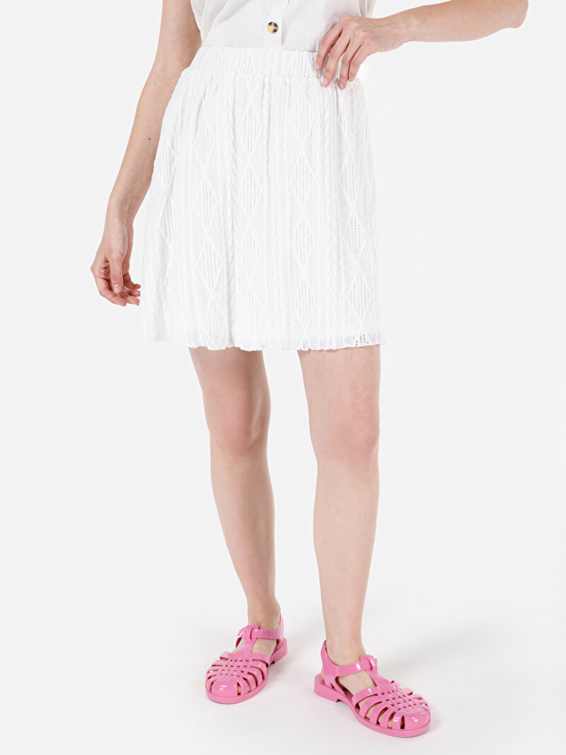 Regular Fit Jakarlı Kadın Beyaz Etek