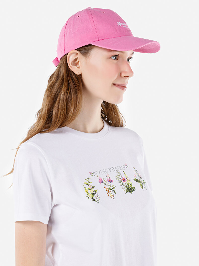 Regular Fit Yuvarlak Yaka Baskılı Kadın Beyaz Kısa Kol Tişört