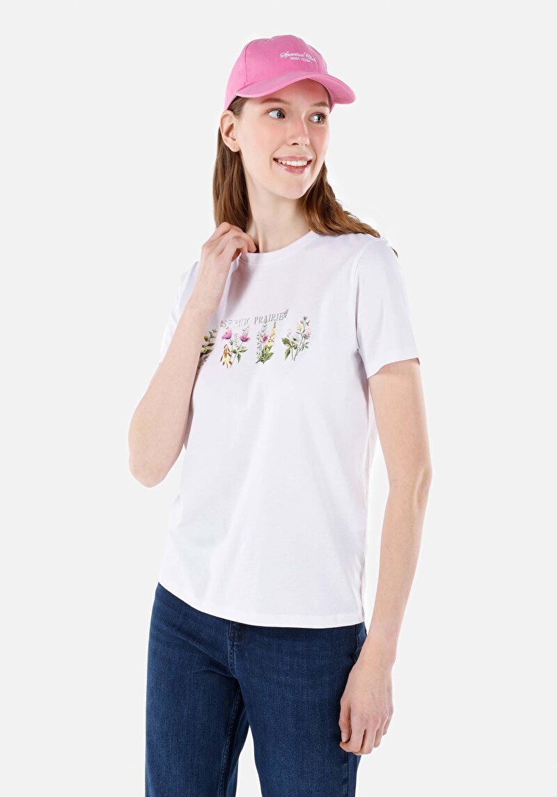 Regular Fit Yuvarlak Yaka Baskılı Kadın Beyaz Kısa Kol Tişört