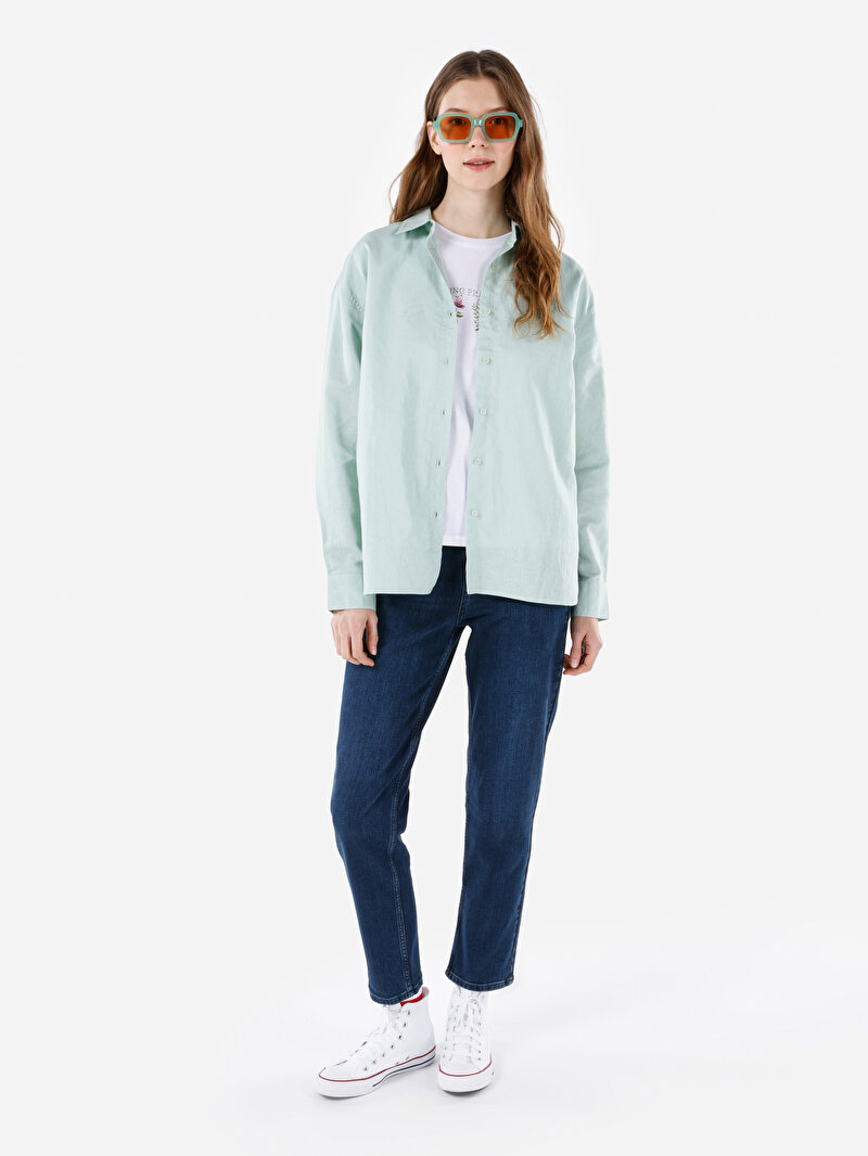 Relax Fit Dokuma Shirt Neck Düz Kadın Yeşil Uzun Kol Gömlek